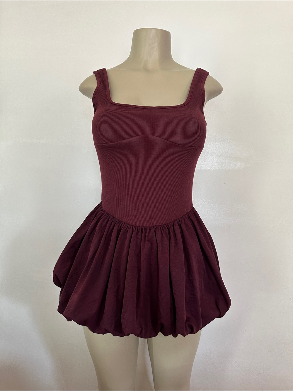 Square Neck Burgundy Bubble Hem Tank Dress